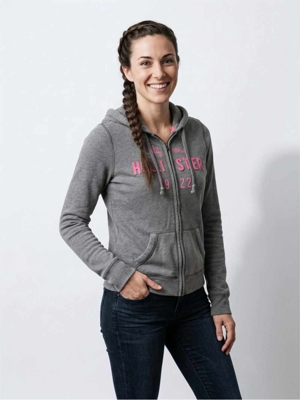 Hollister Gray Zip Hoodie with Pink Lettering